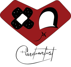 Cardiartist Trademarked Logo of Heart with one eye, bandaids, heart beat smile & Signature